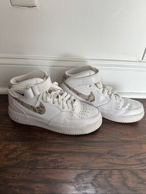 Nike White High-Top Sneakers with Snake-Print Swoosh